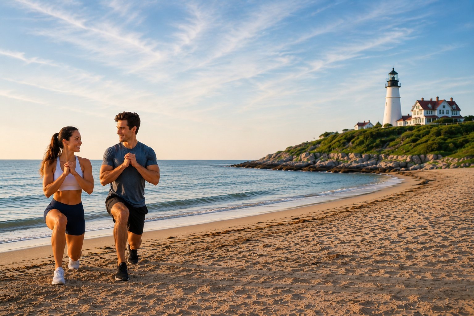 Two joggers running on a sandy beach with a lighthouse on a rocky cliff in the background under a blue sky